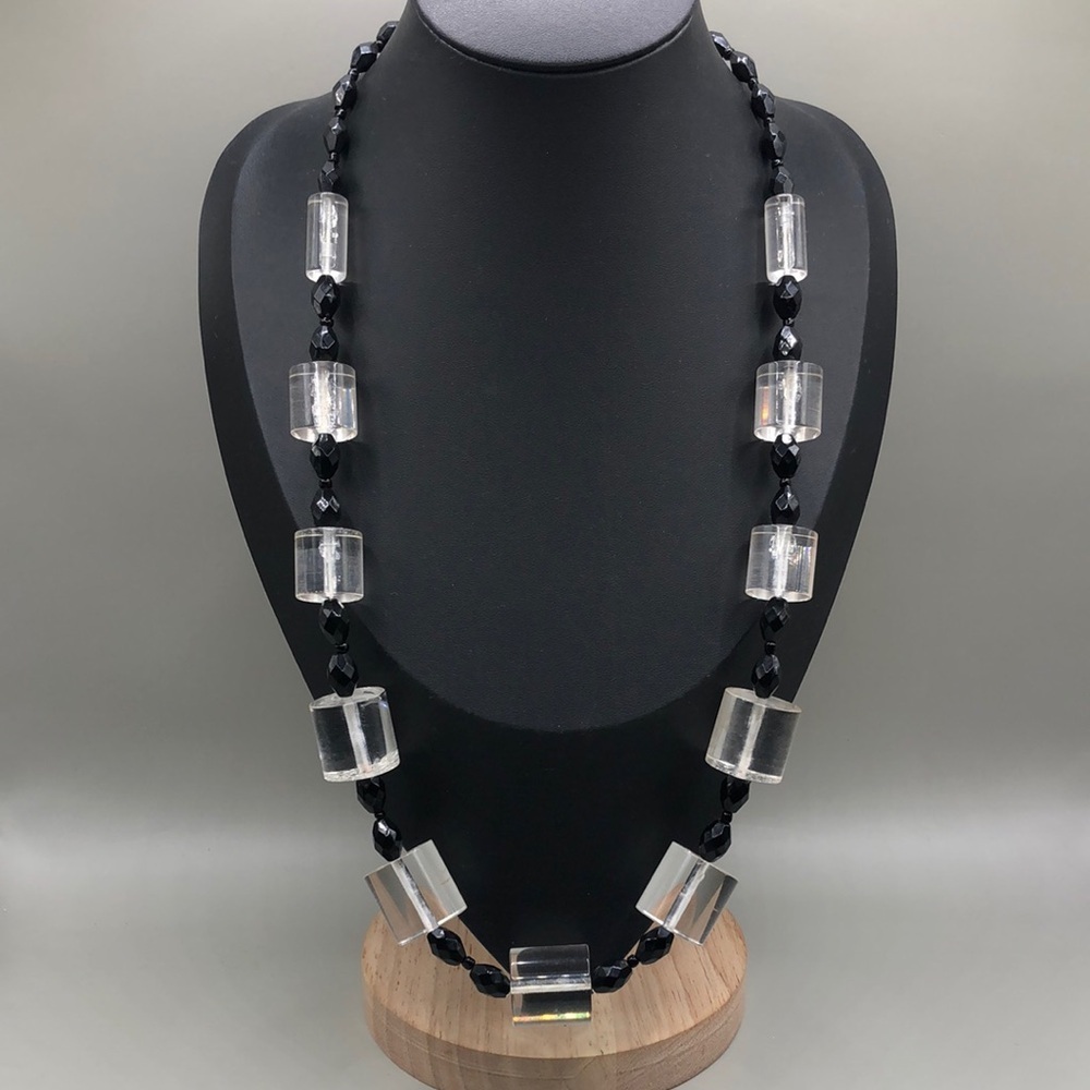Isaac Mizrahi clear and black lucite beaded necklace statement runway style.